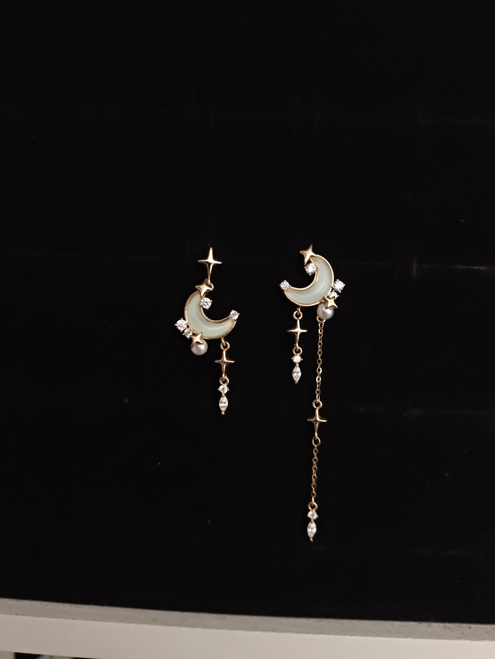 Crescent Moon Drop Earrings with Sage Green